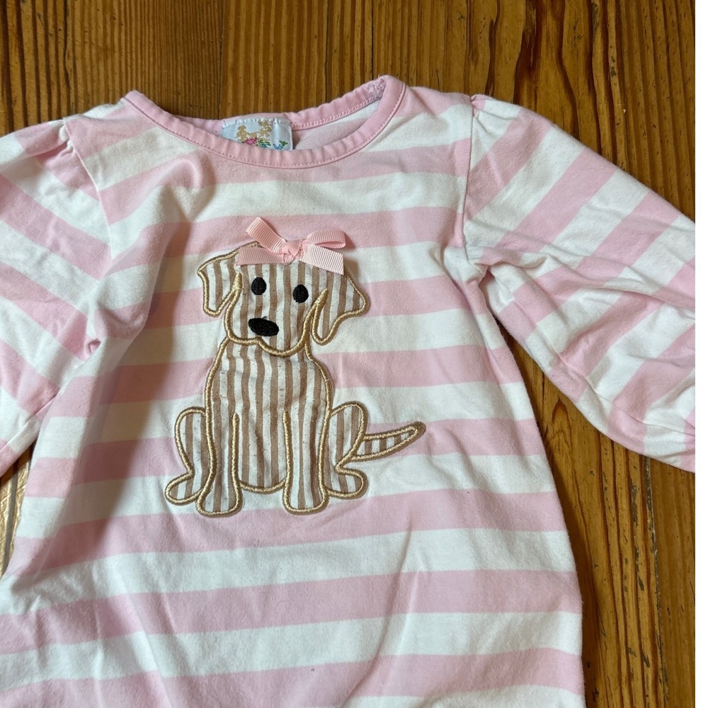 Busy Bees Smocked Romper Kids Pink Striped Puppy Dog Applique SIZE 12M - Picture 2 of 6